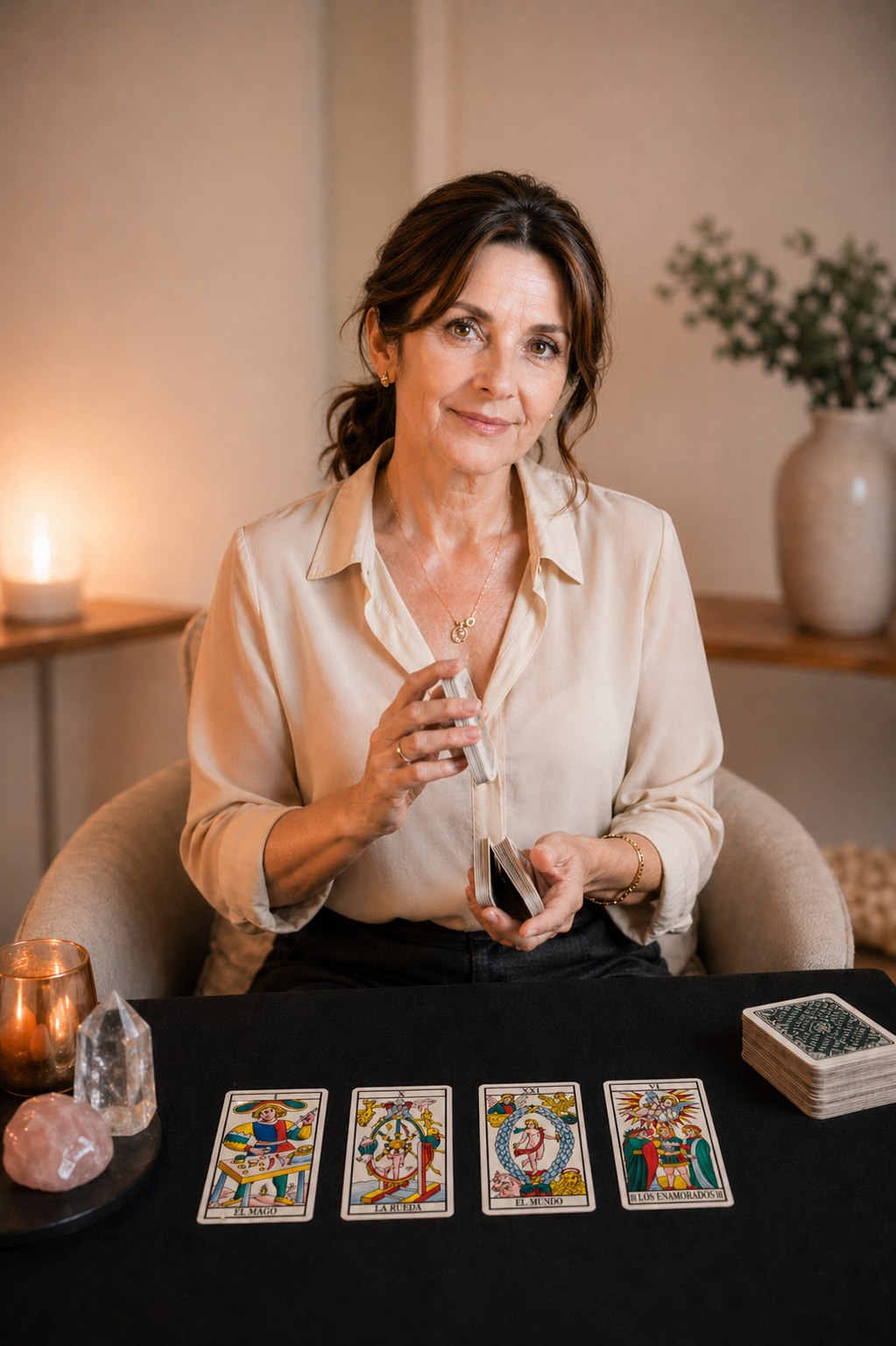 Ana Celeste, vidente con más de 20 años de experiencia, sentada con cartas de tarot marsellés y cristales, consulta por teléfono desde 9 euros sin esperas